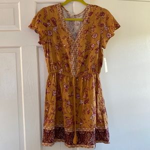 Gold/burgundy peasant boho style dress with stretch waist.